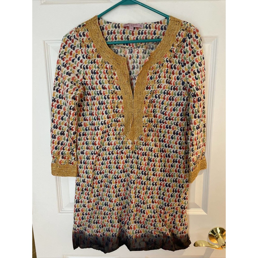 Calypso St Barth Womens Embroidered Trim V Neck Printed Tunic Top Boho XS cotton